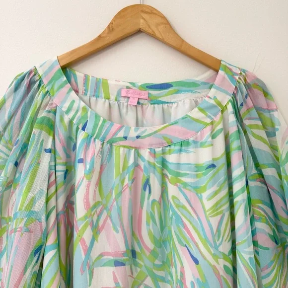 Lilly Pulitzer Silk Marietta Caftan Mini Dress in Salute Print Bell Sleeve Sz M - Picture 14 of 16